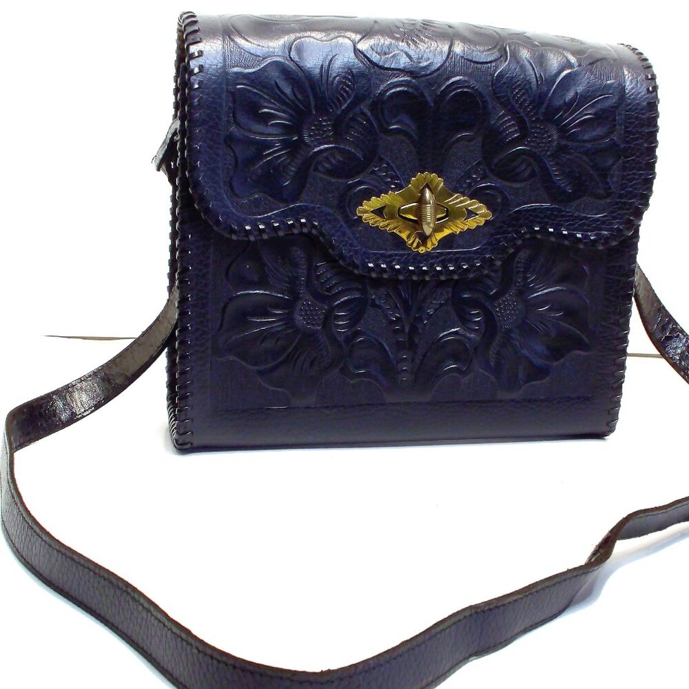 Western Tooled Black Leather Crossbody with Gold Plated Hardware